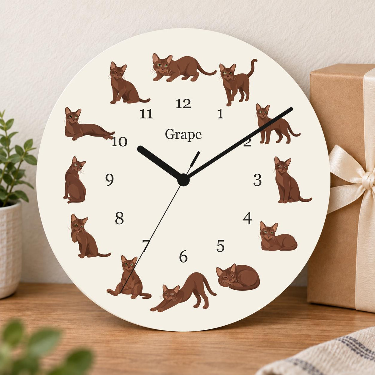 Personalized Havana Brown Cat wooden wall clock with example name Grape; gift