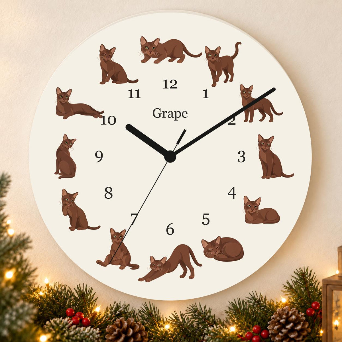 Personalized Havana Brown Cat wooden wall clock with example name Grape; holiday