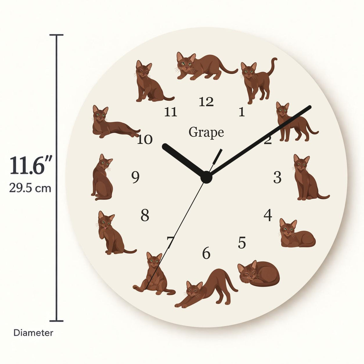 Personalized Havana Brown Cat wooden wall clock with example name Grape; size