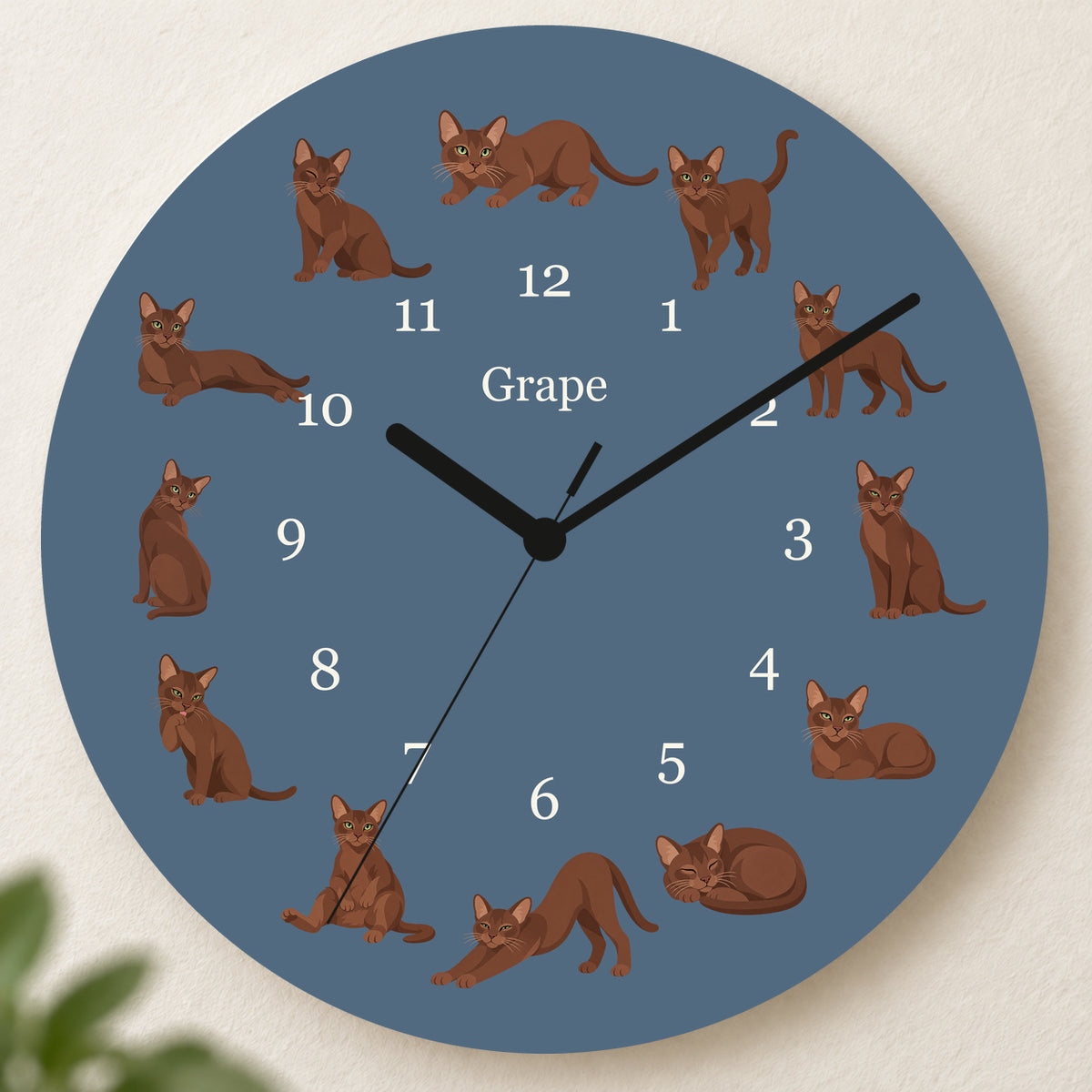 Personalized Havana Brown Cat Wall Clock, Custom Pet Name, 11.6 Inch Wooden Clock — Muted Denim background