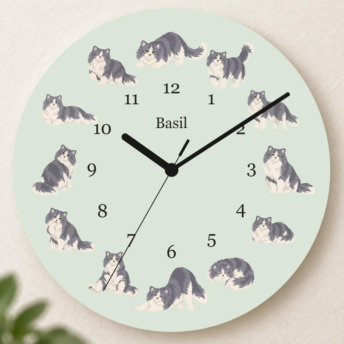 Personalized Ragamuffin Cat wooden wall clock with example name Basil; hero