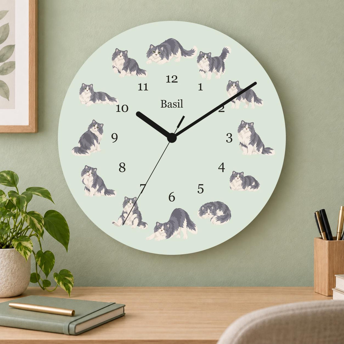 Personalized Ragamuffin Cat wooden wall clock with example name Basil; home office