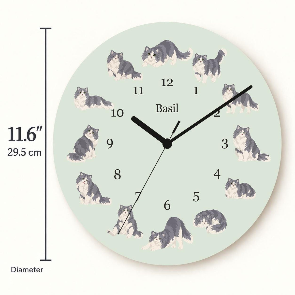 Personalized Ragamuffin Cat wooden wall clock with example name Basil; size