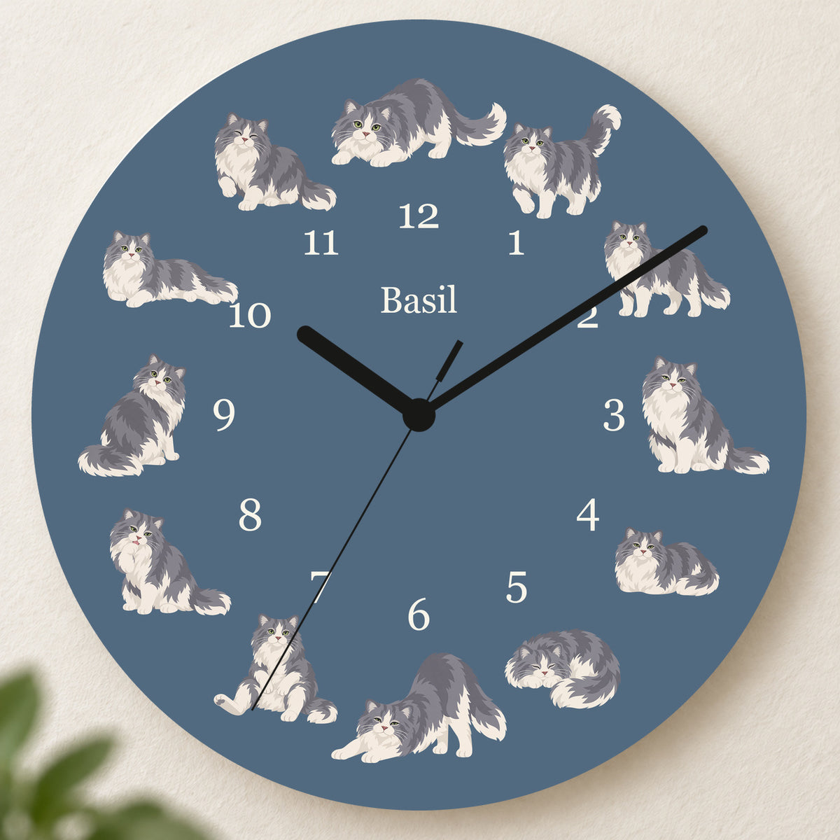 Personalized Ragamuffin Cat Wall Clock, Custom Pet Name, 11.6 Inch Wooden Clock — Muted Denim background