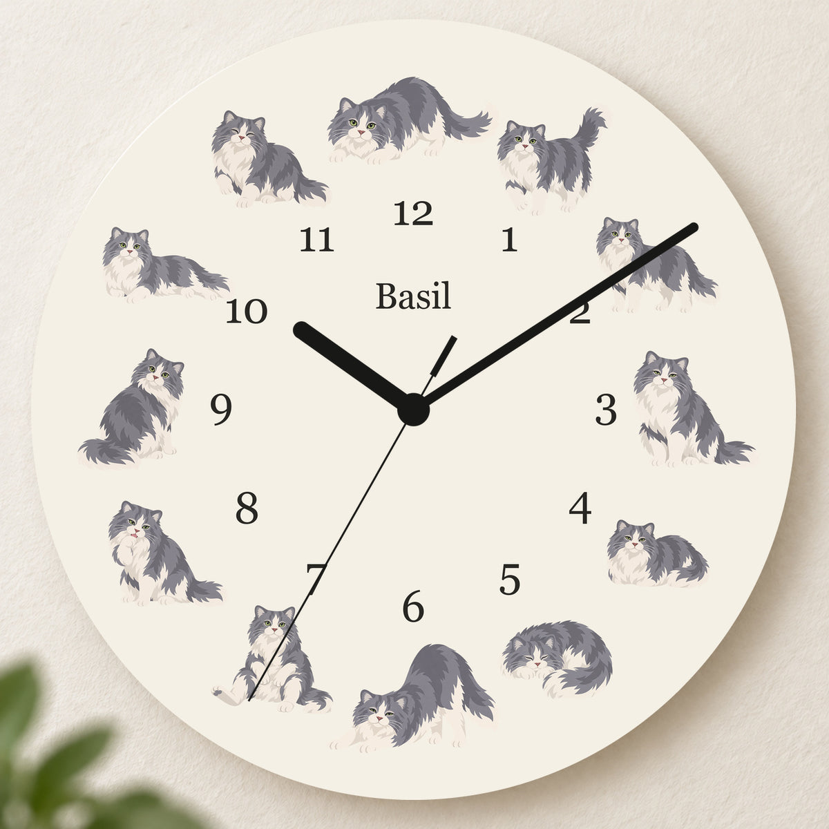 Personalized Ragamuffin Cat Wall Clock, Custom Pet Name, 11.6 Inch Wooden Clock — Warm Ivory background