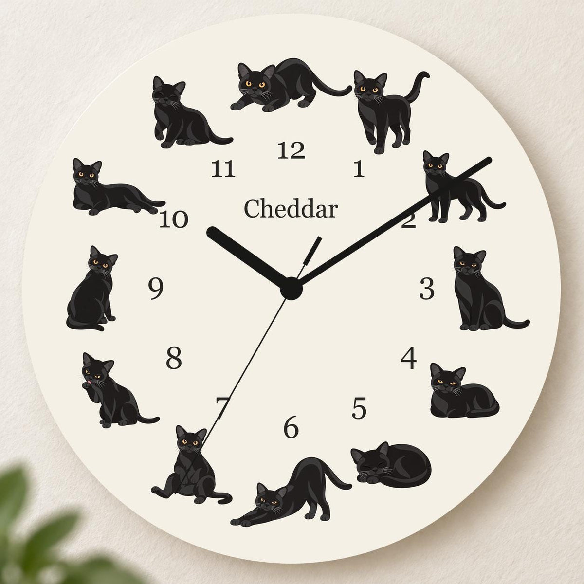 Personalized Bombay Cat wooden wall clock with example name Cheddar; hero