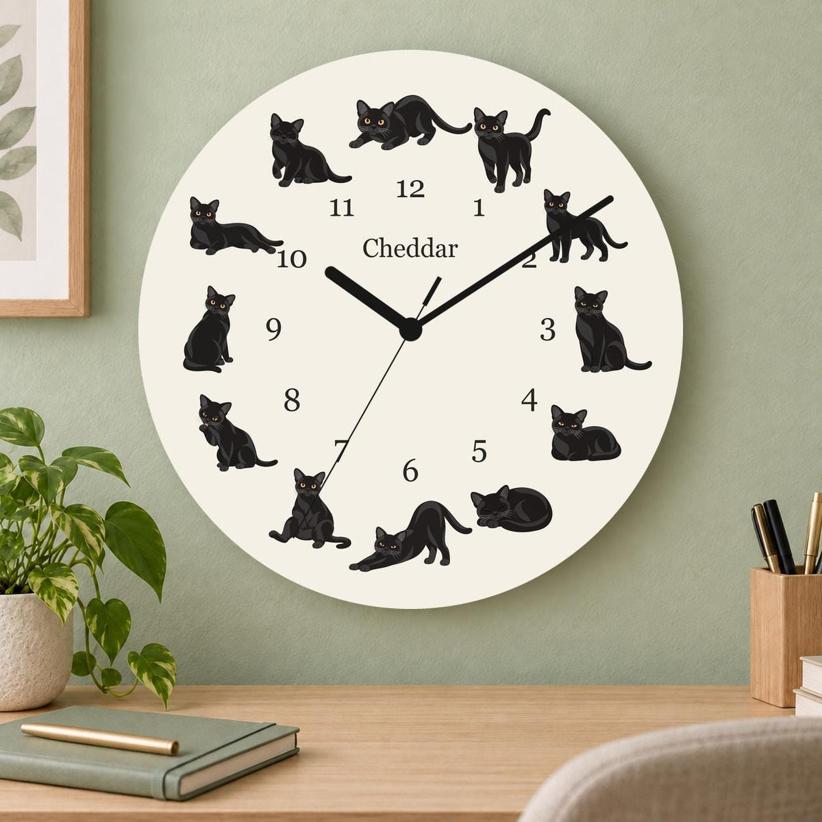 Personalized Bombay Cat wooden wall clock with example name Cheddar; home office