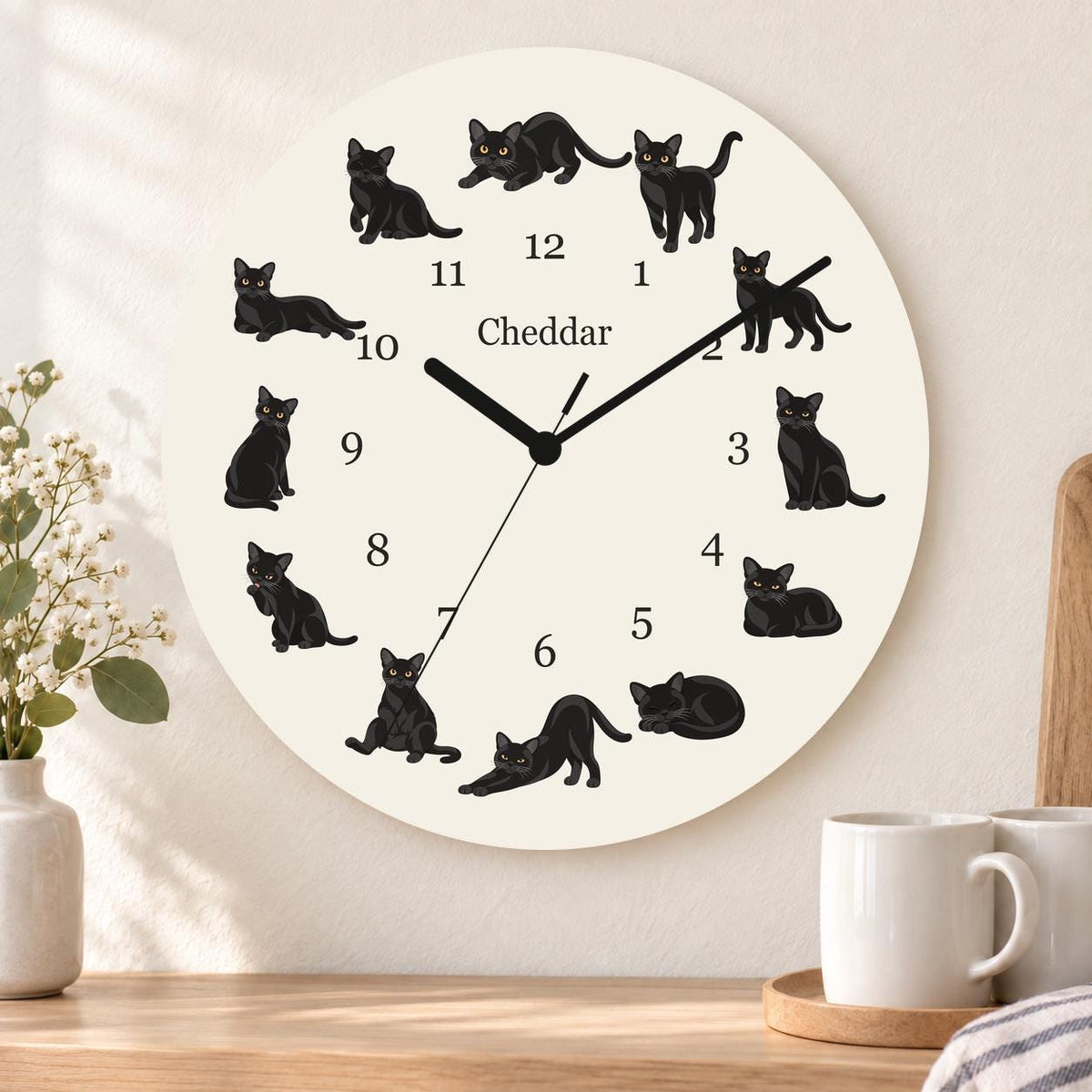 Personalized Bombay Cat wooden wall clock with example name Cheddar; kitchen