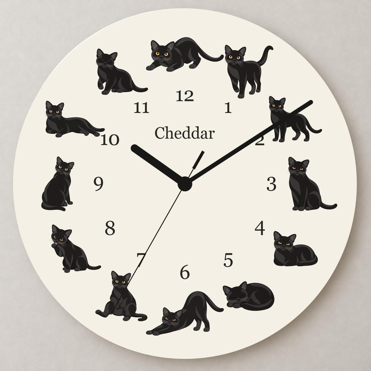 Personalized Bombay Cat wooden wall clock with example name Cheddar; close up
