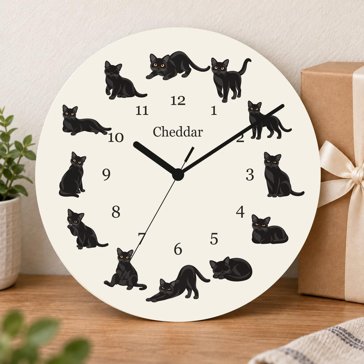 Personalized Bombay Cat wooden wall clock with example name Cheddar; gift