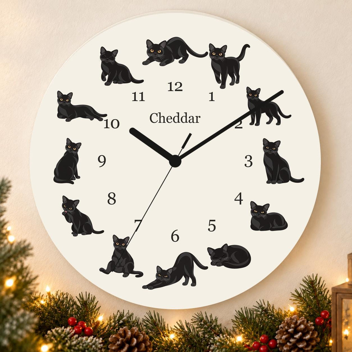 Personalized Bombay Cat wooden wall clock with example name Cheddar; holiday