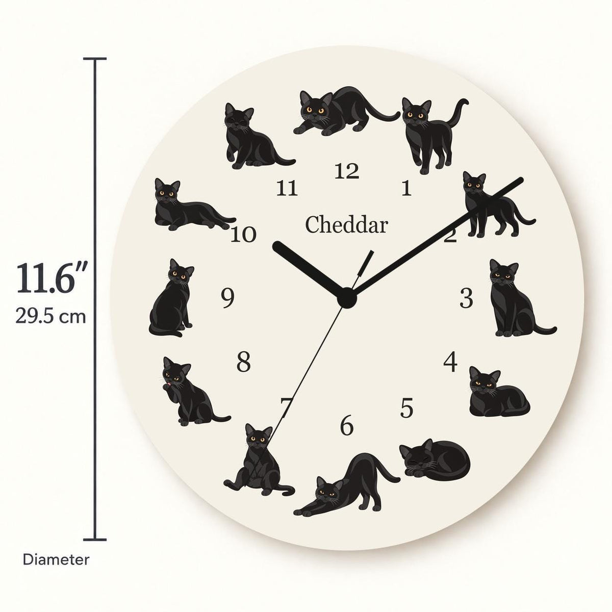 Personalized Bombay Cat wooden wall clock with example name Cheddar; size
