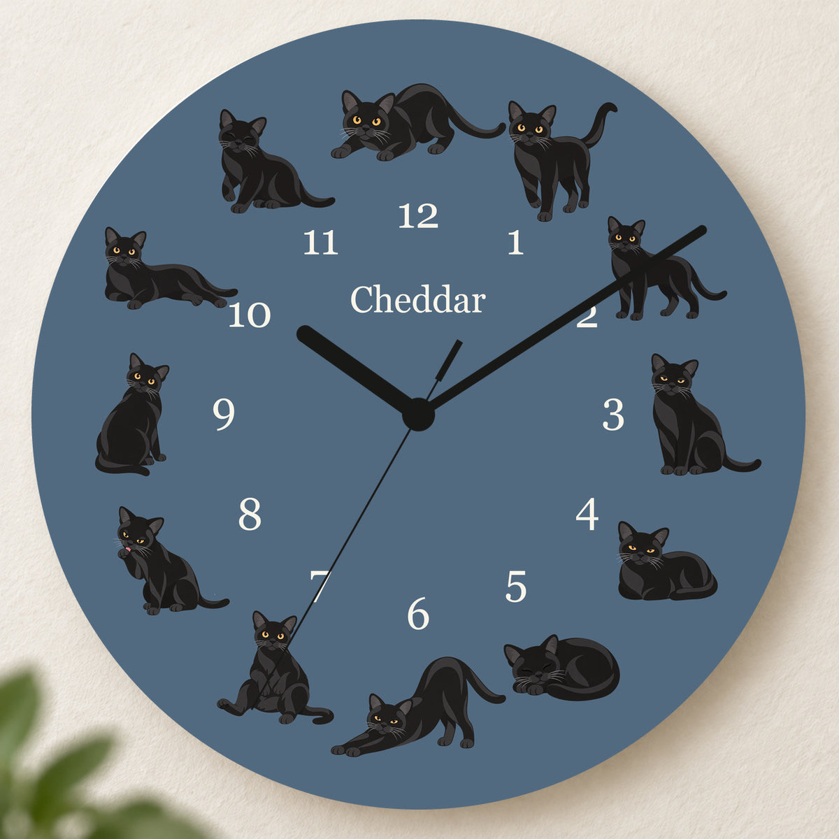 Personalized Bombay Cat Wall Clock, Custom Pet Name, 11.6 Inch Wooden Clock — Muted Denim background