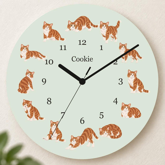 Personalized American Wirehair Cat wooden wall clock with example name Cookie; hero