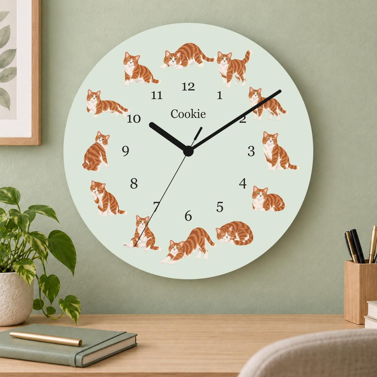 Personalized American Wirehair Cat wooden wall clock with example name Cookie; home office
