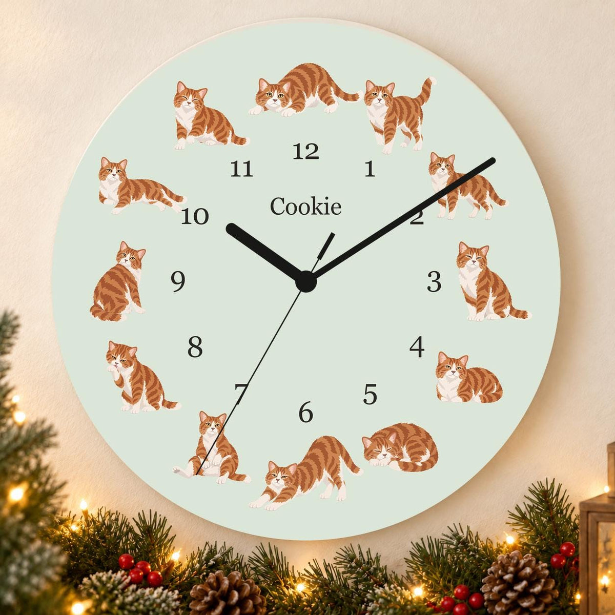 Personalized American Wirehair Cat wooden wall clock with example name Cookie; holiday
