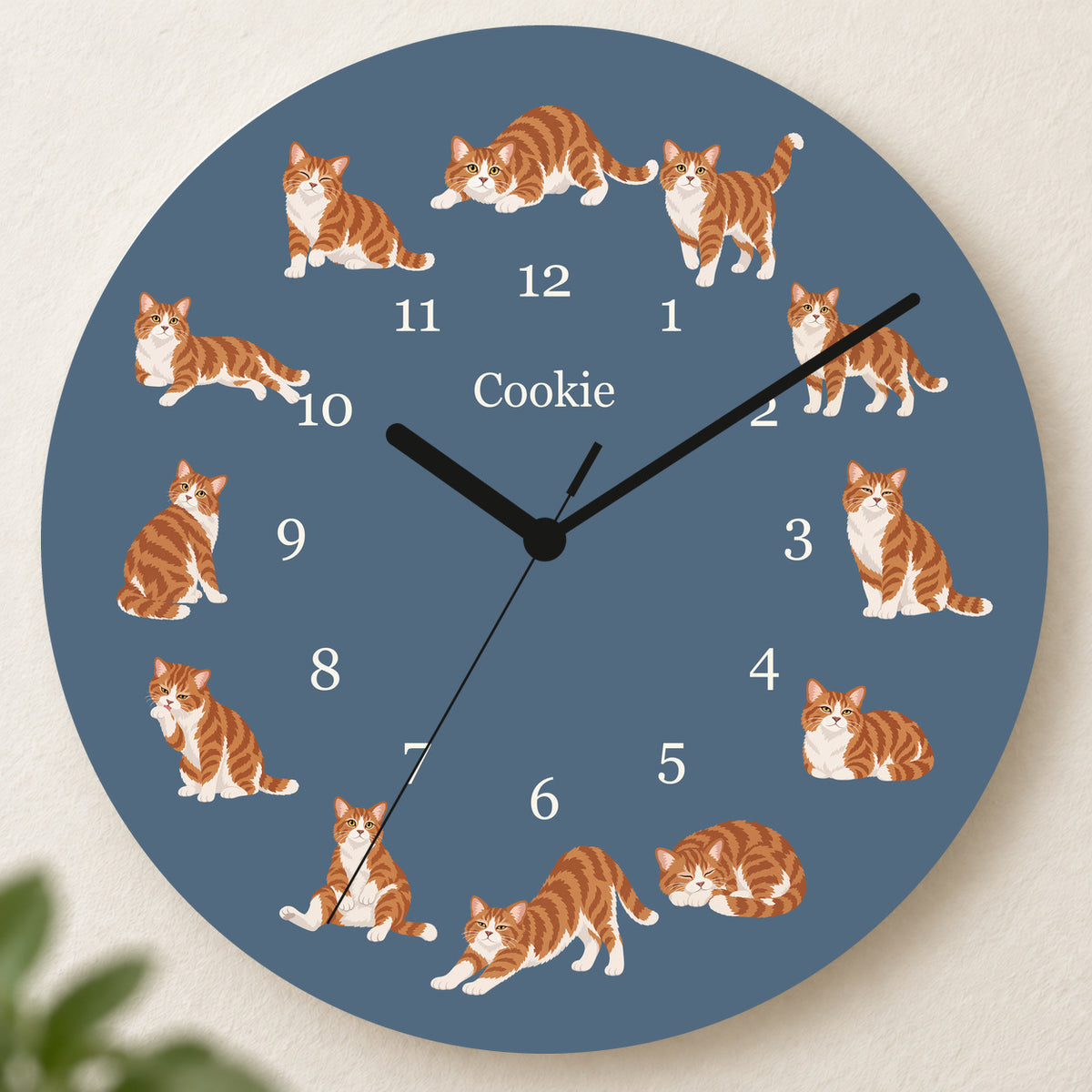 Personalized American Wirehair Cat Wall Clock, Custom Pet Name, 11.6 Inch Wooden Clock — Muted Denim background