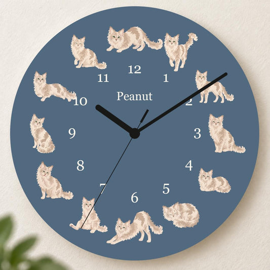 Personalized LaPerm Cat wooden wall clock with example name Peanut; hero