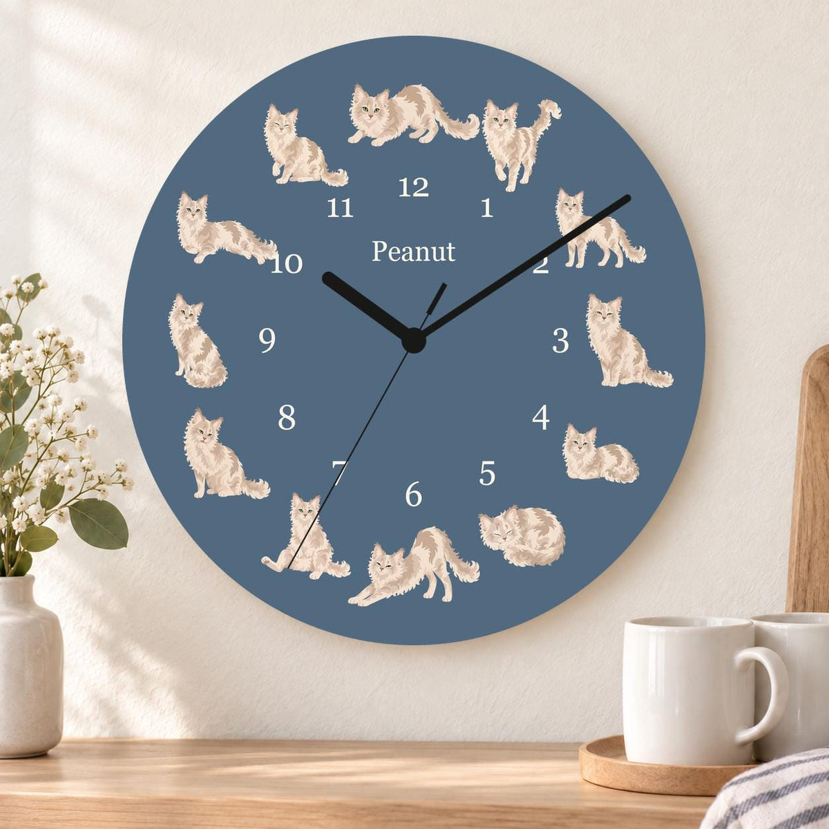 Personalized LaPerm Cat wooden wall clock with example name Peanut; kitchen