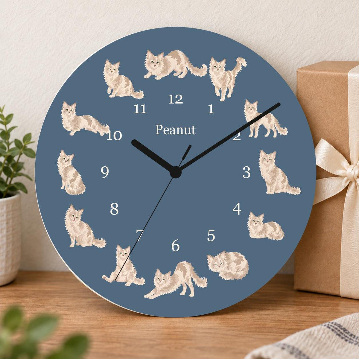 Personalized LaPerm Cat wooden wall clock with example name Peanut; gift