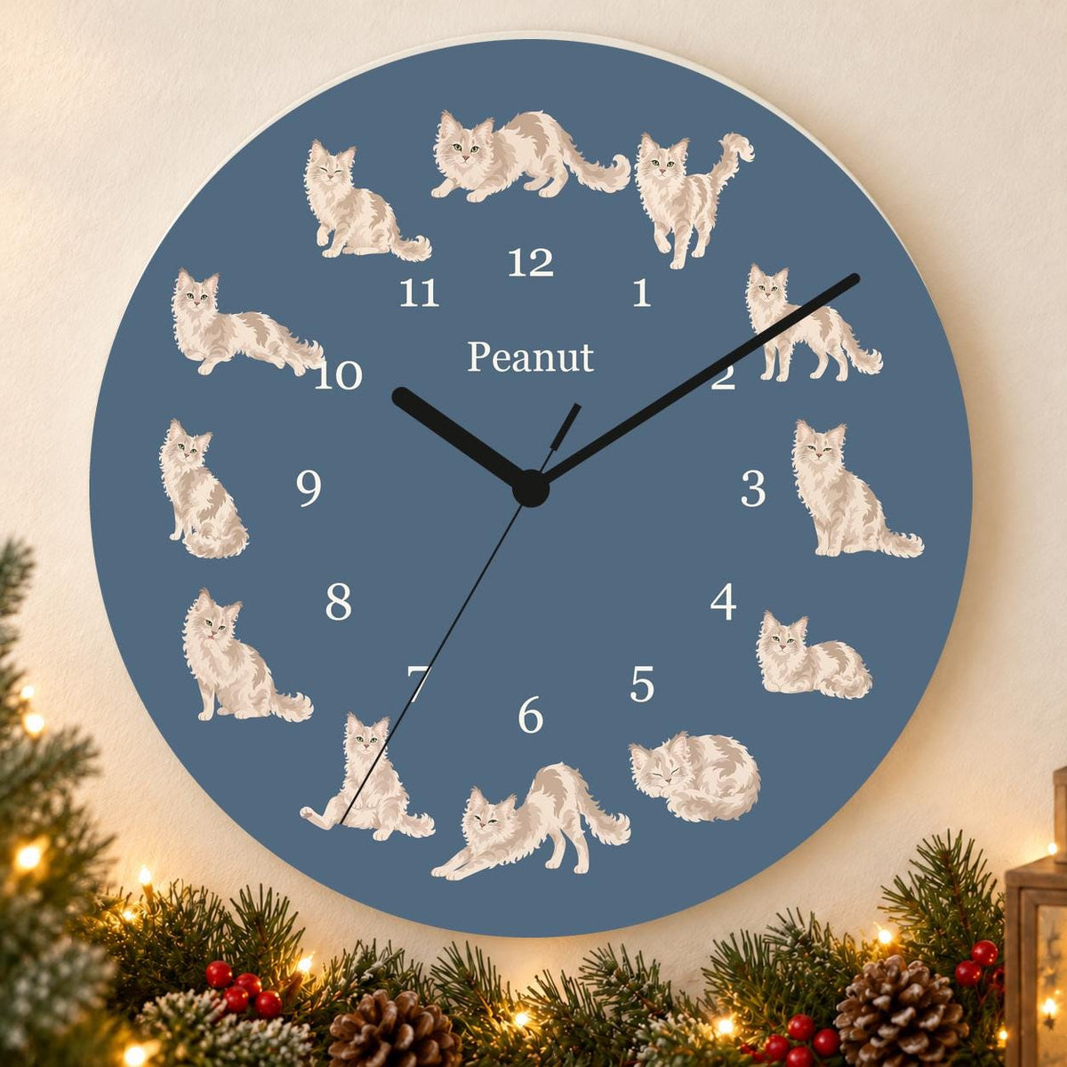 Personalized LaPerm Cat wooden wall clock with example name Peanut; holiday
