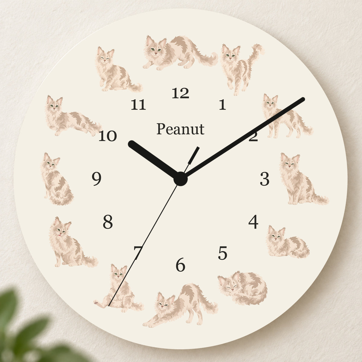 Personalized LaPerm Cat Wall Clock, Custom Pet Name, 11.6 Inch Wooden Clock — Warm Ivory background