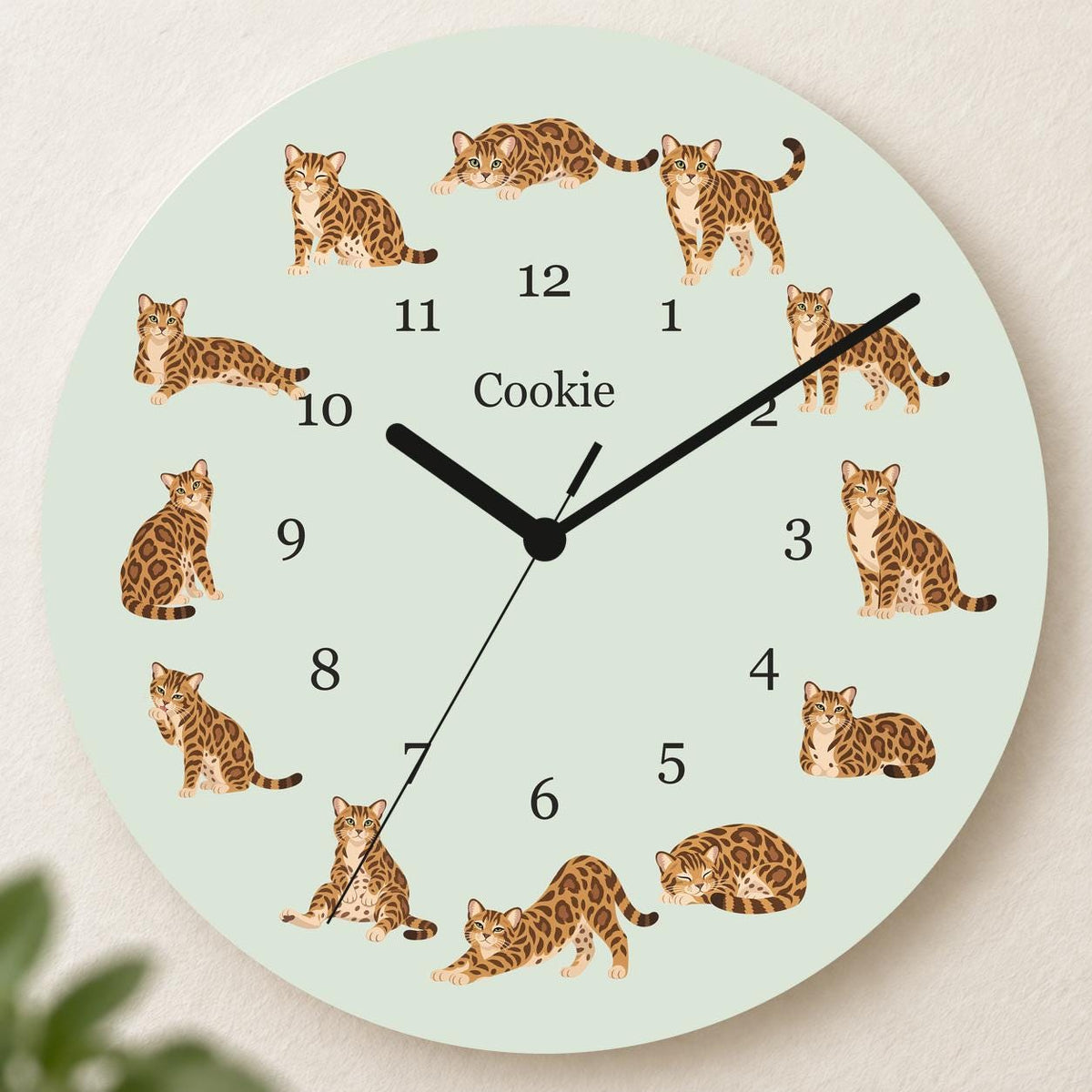 Personalized Bengal Cat wooden wall clock with example name Cookie; hero