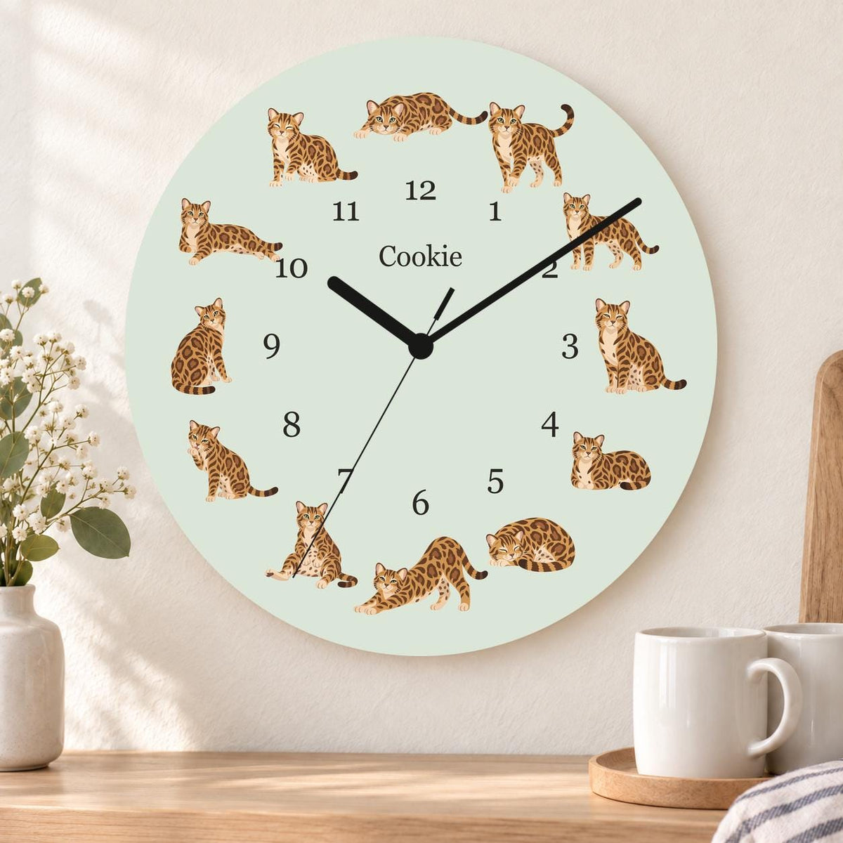 Personalized Bengal Cat wooden wall clock with example name Cookie; kitchen