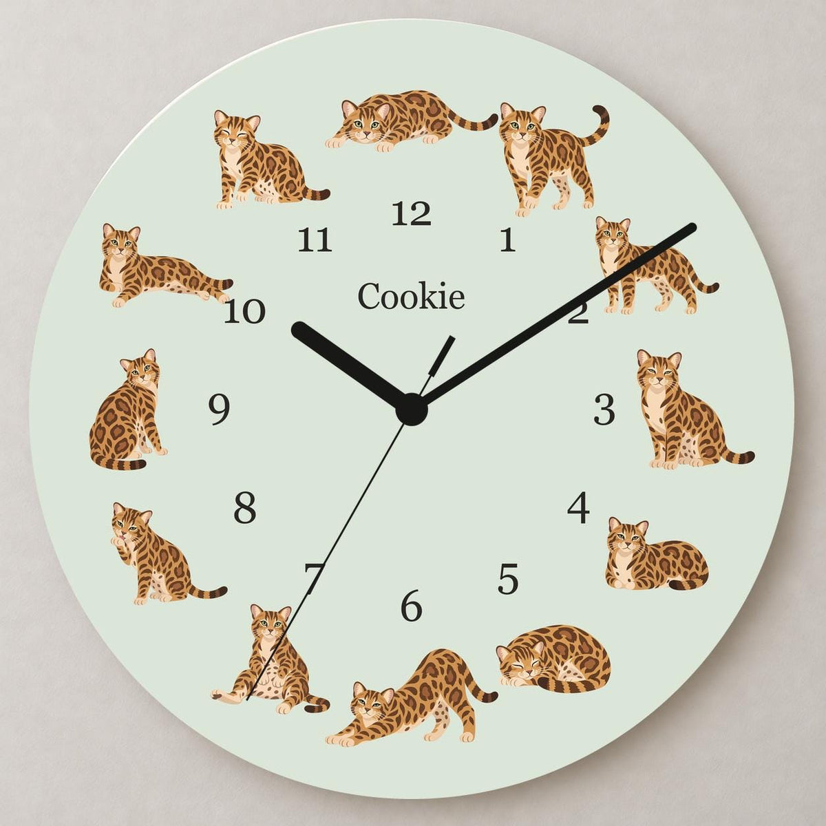 Personalized Bengal Cat wooden wall clock with example name Cookie; close up
