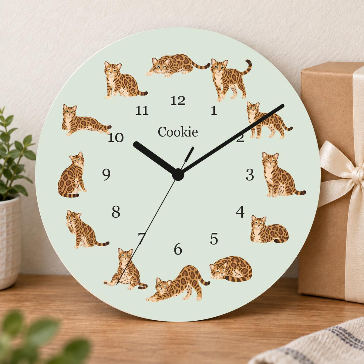 Personalized Bengal Cat wooden wall clock with example name Cookie; gift