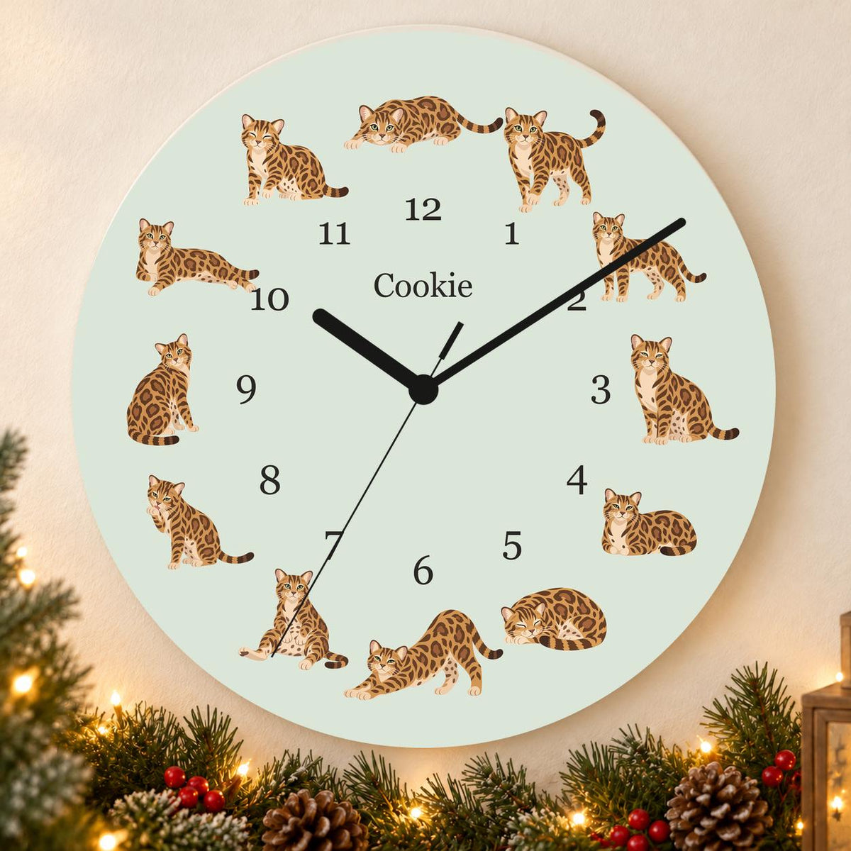 Personalized Bengal Cat wooden wall clock with example name Cookie; holiday