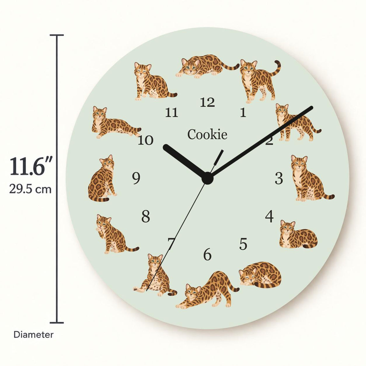 Personalized Bengal Cat wooden wall clock with example name Cookie; size