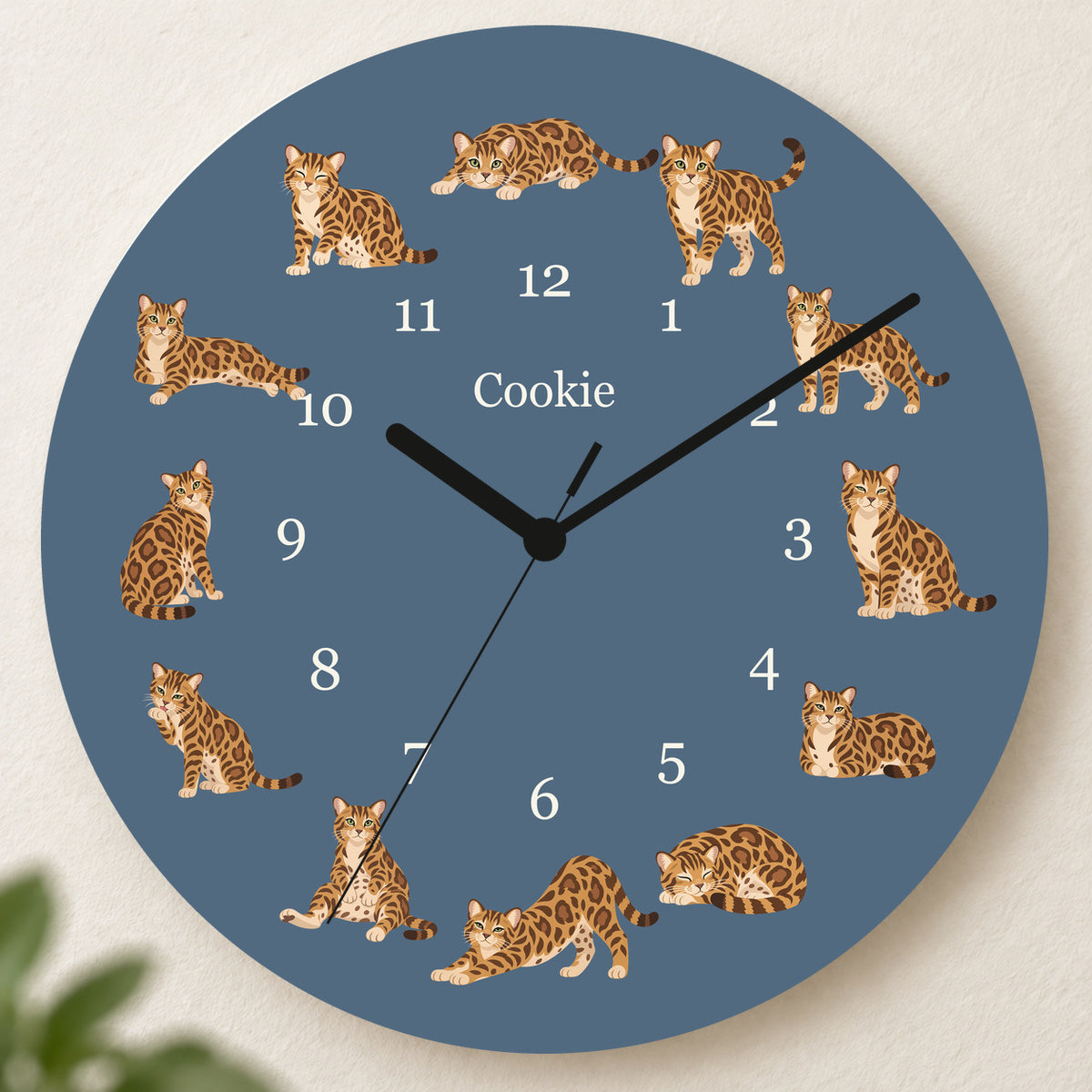 Personalized Bengal Cat Wall Clock, Custom Pet Name, 11.6 Inch Wooden Clock — Muted Denim background