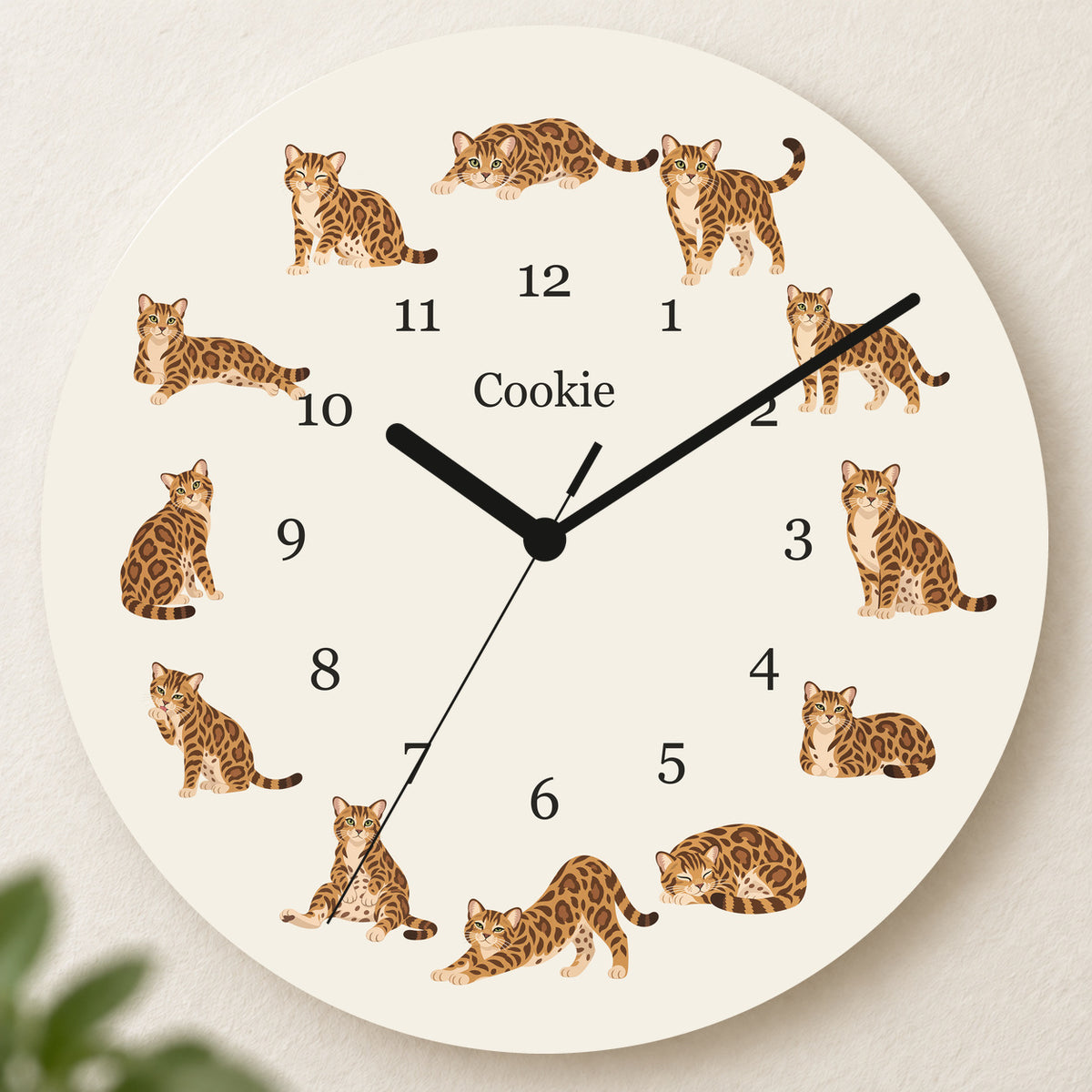 Personalized Bengal Cat Wall Clock, Custom Pet Name, 11.6 Inch Wooden Clock — Warm Ivory background