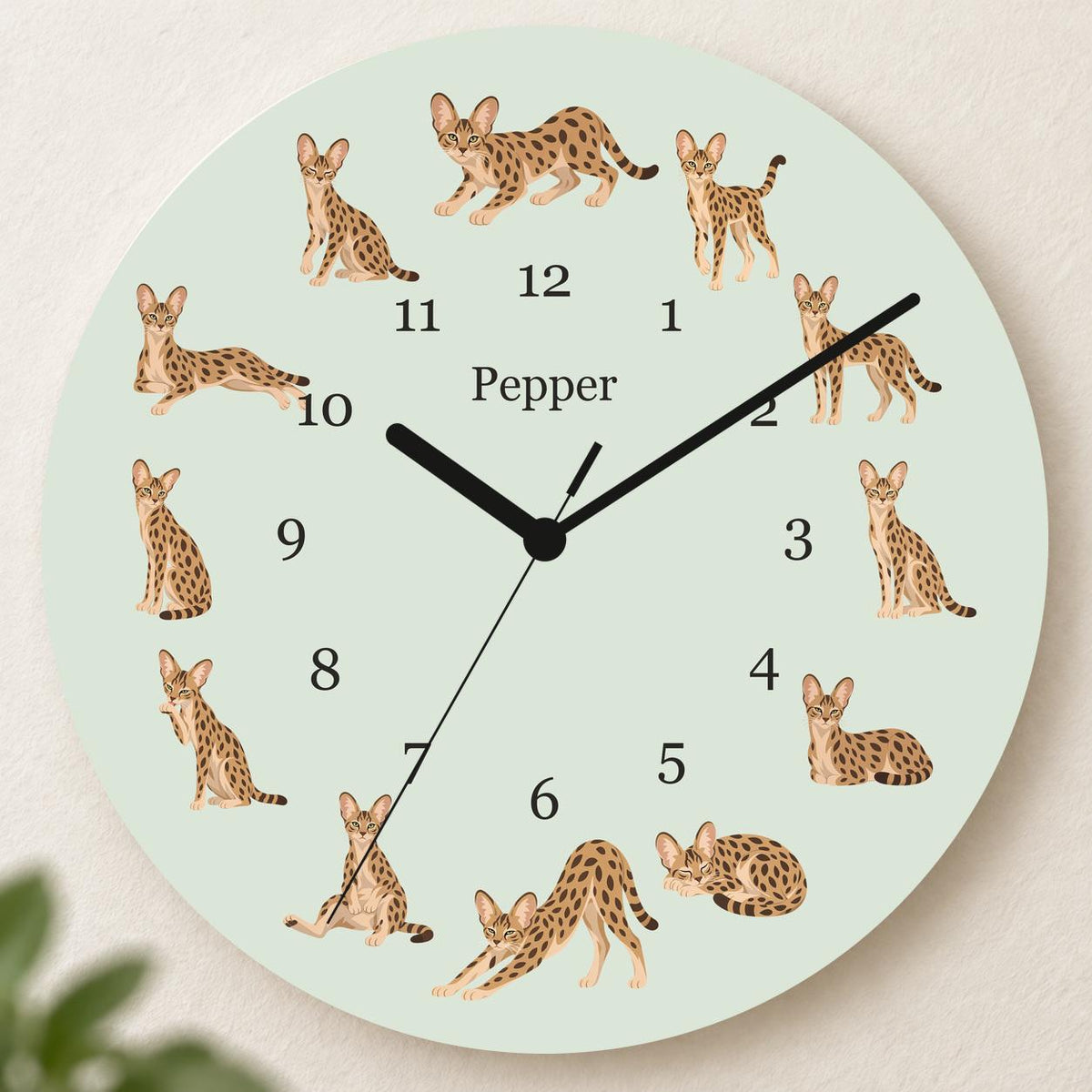 Personalized Savannah Cat wooden wall clock with example name Pepper; hero