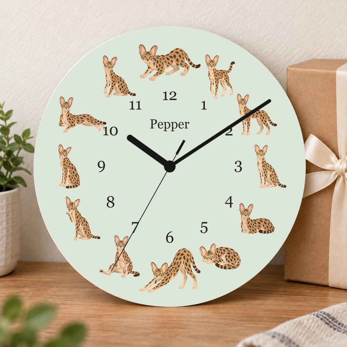 Personalized Savannah Cat wooden wall clock with example name Pepper; gift