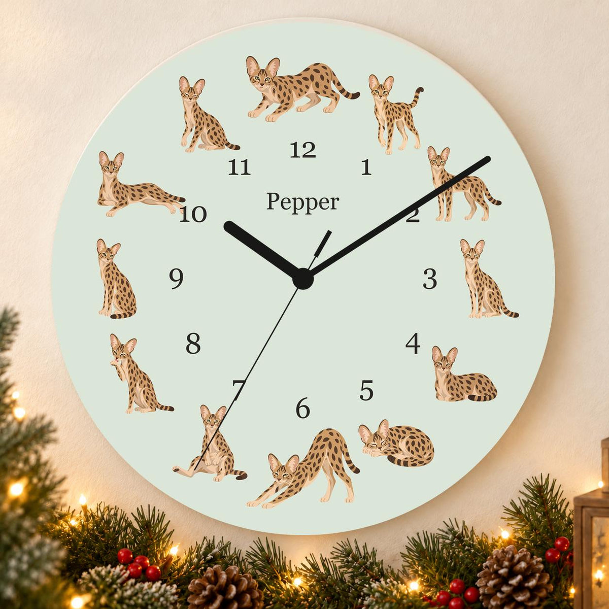 Personalized Savannah Cat wooden wall clock with example name Pepper; holiday