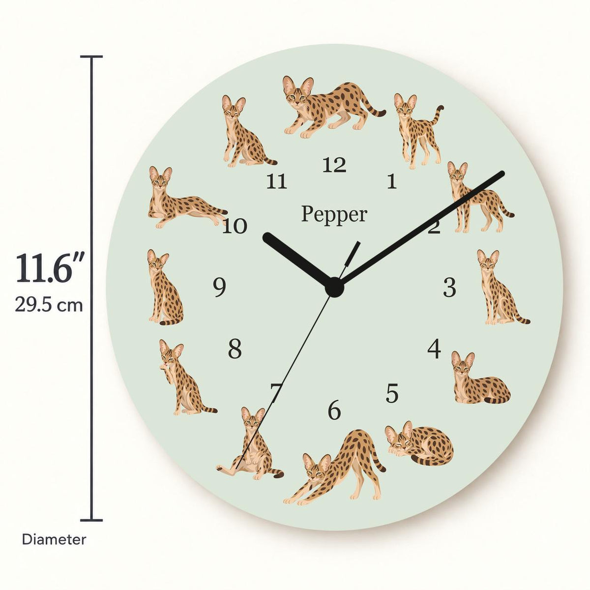 Personalized Savannah Cat wooden wall clock with example name Pepper; size
