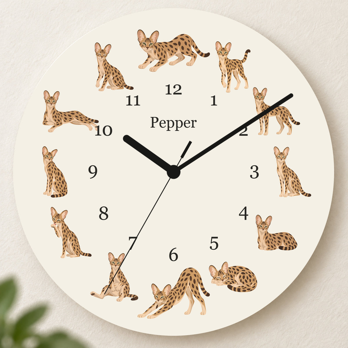 Personalized Savannah Cat Wall Clock, Custom Pet Name, 11.6 Inch Wooden Clock — Warm Ivory background