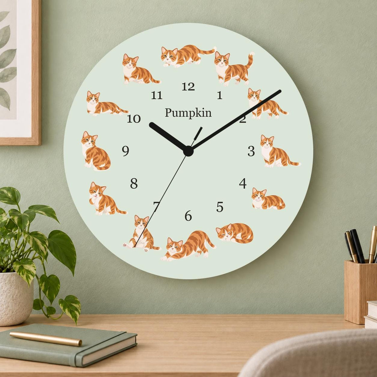 Personalized Munchkin Cat wooden wall clock with example name Pumpkin; home office