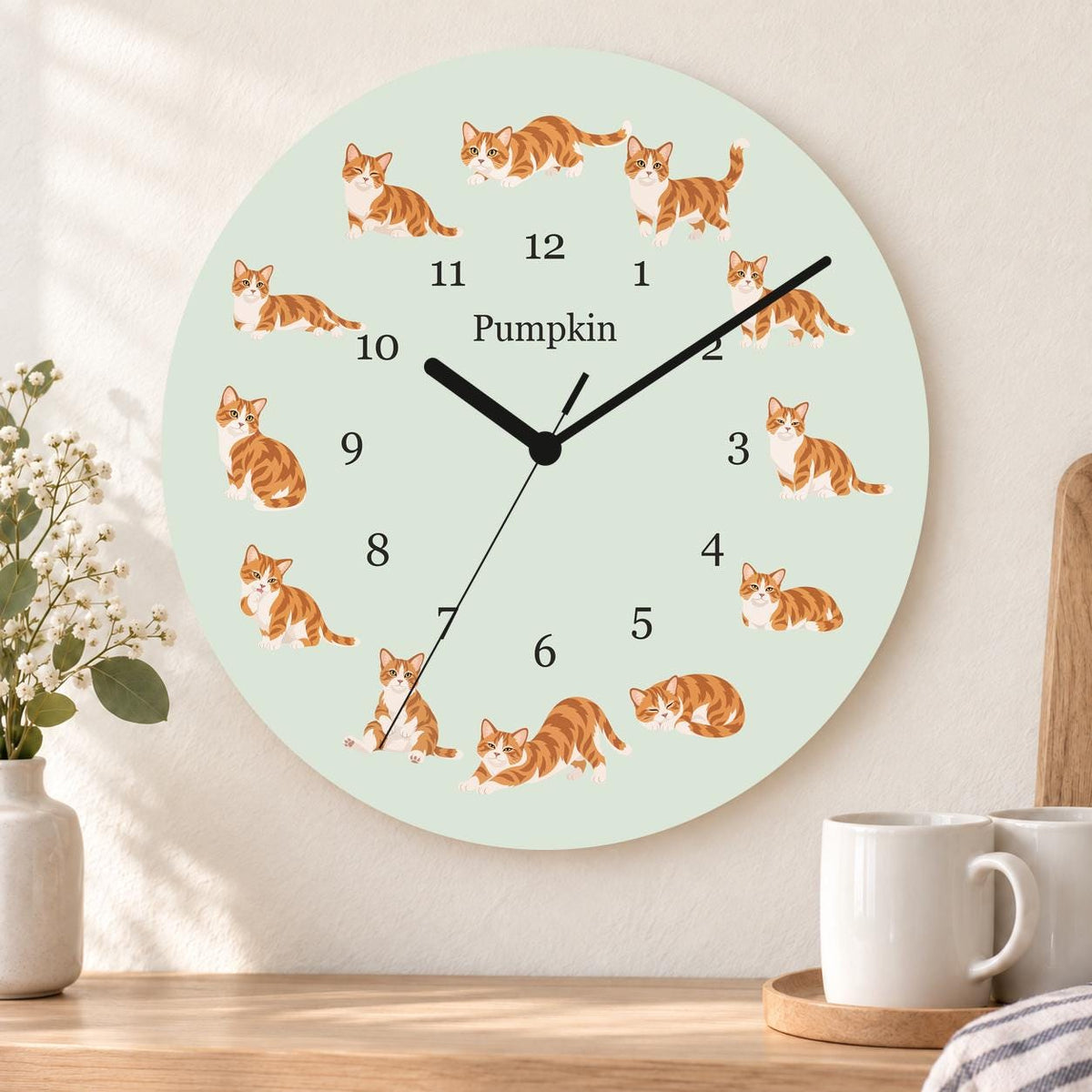 Personalized Munchkin Cat wooden wall clock with example name Pumpkin; kitchen