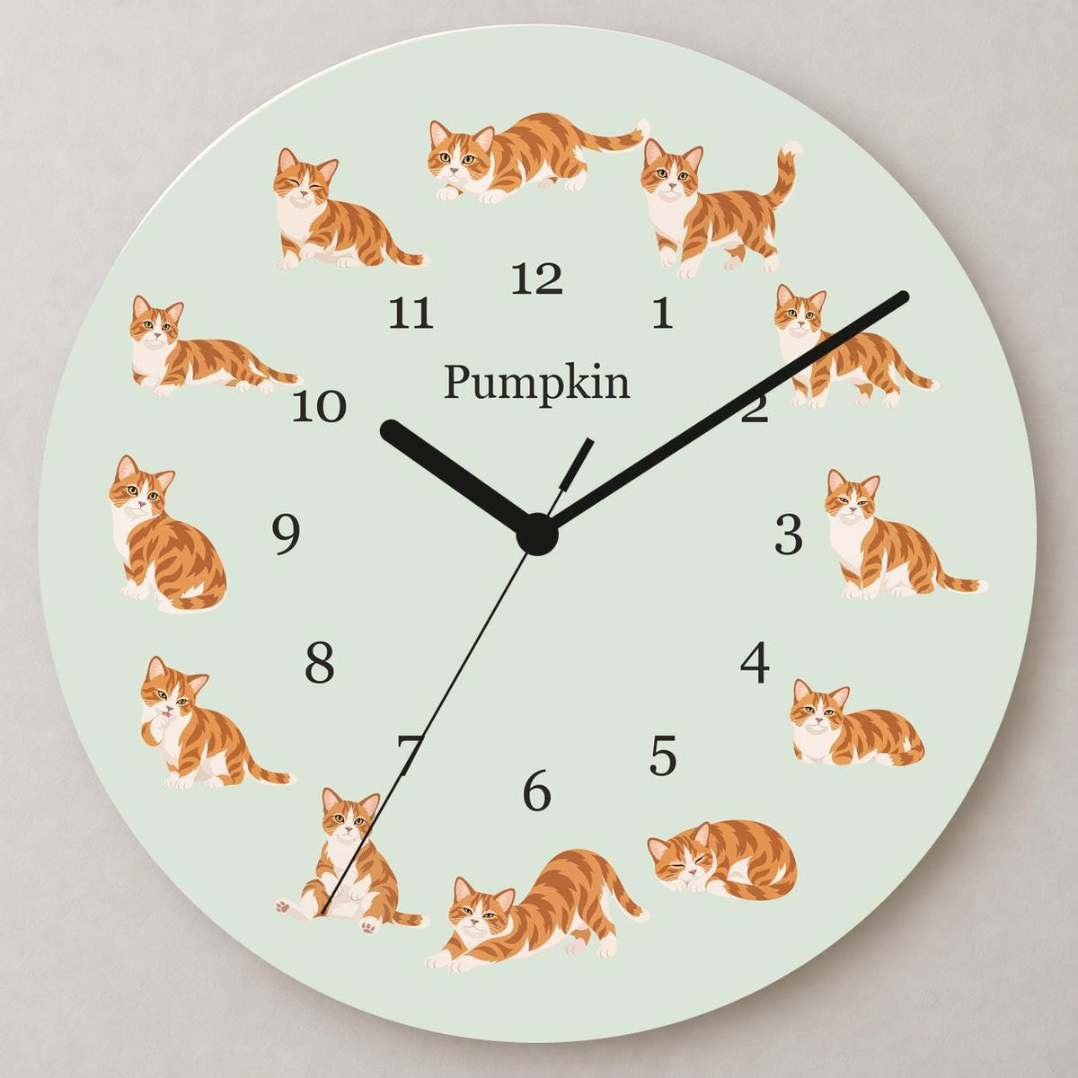 Personalized Munchkin Cat wooden wall clock with example name Pumpkin; close up
