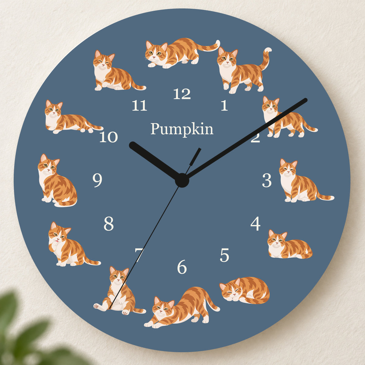 Personalized Munchkin Cat Wall Clock, Custom Pet Name, 11.6 Inch Wooden Clock — Muted Denim background