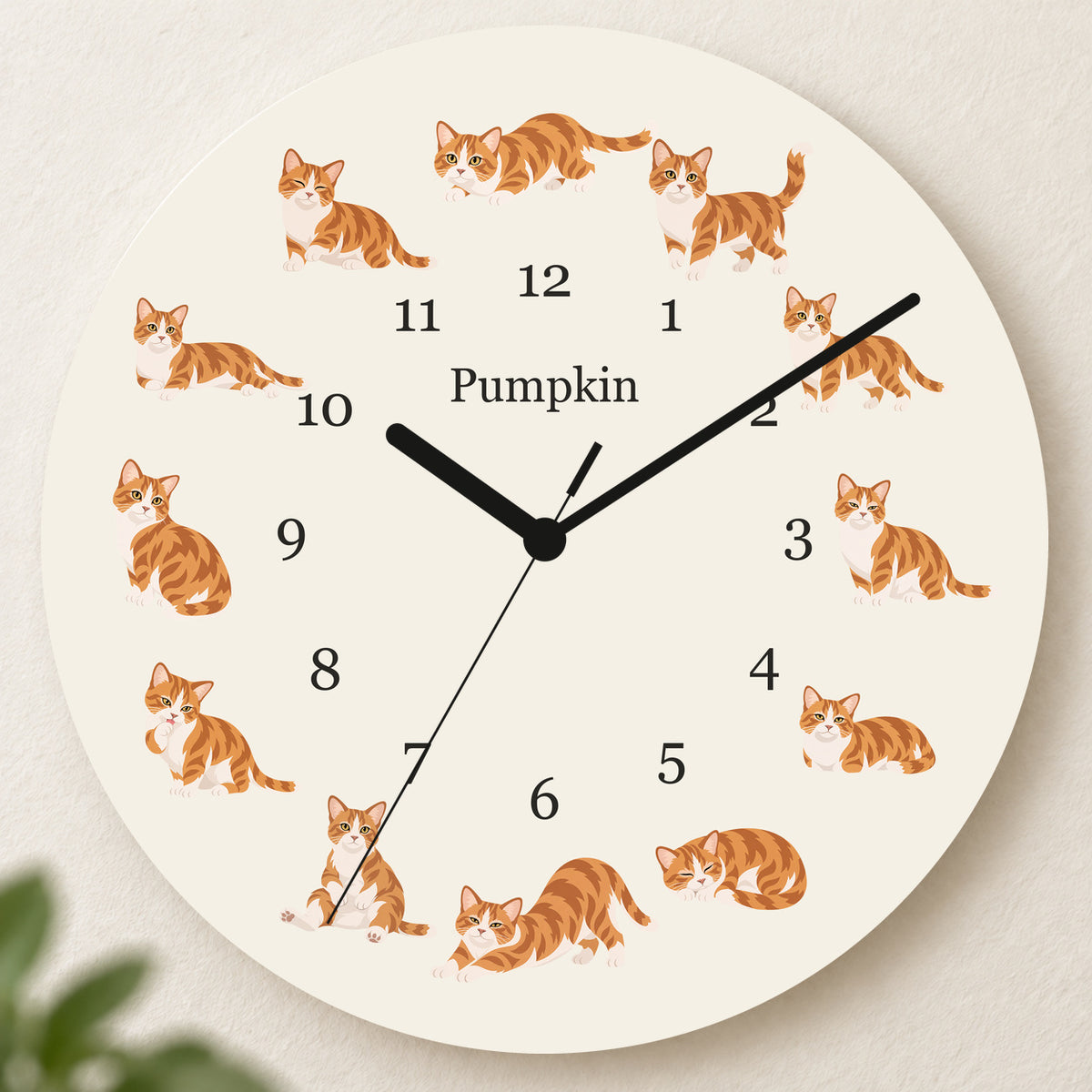 Personalized Munchkin Cat Wall Clock, Custom Pet Name, 11.6 Inch Wooden Clock — Warm Ivory background