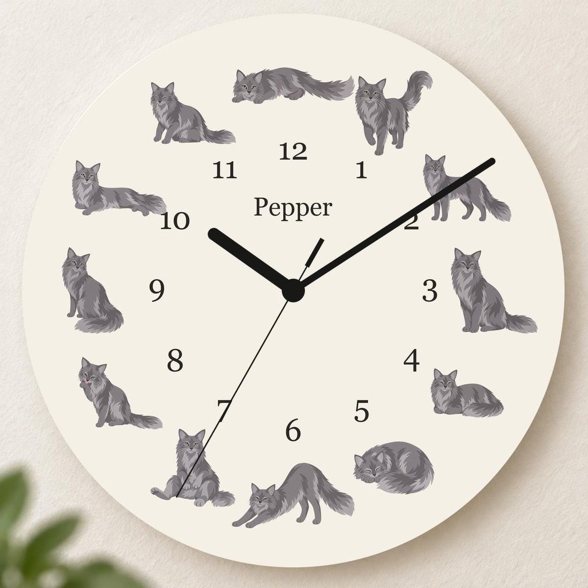 Personalized Nebelung Cat wooden wall clock with example name Pepper; hero