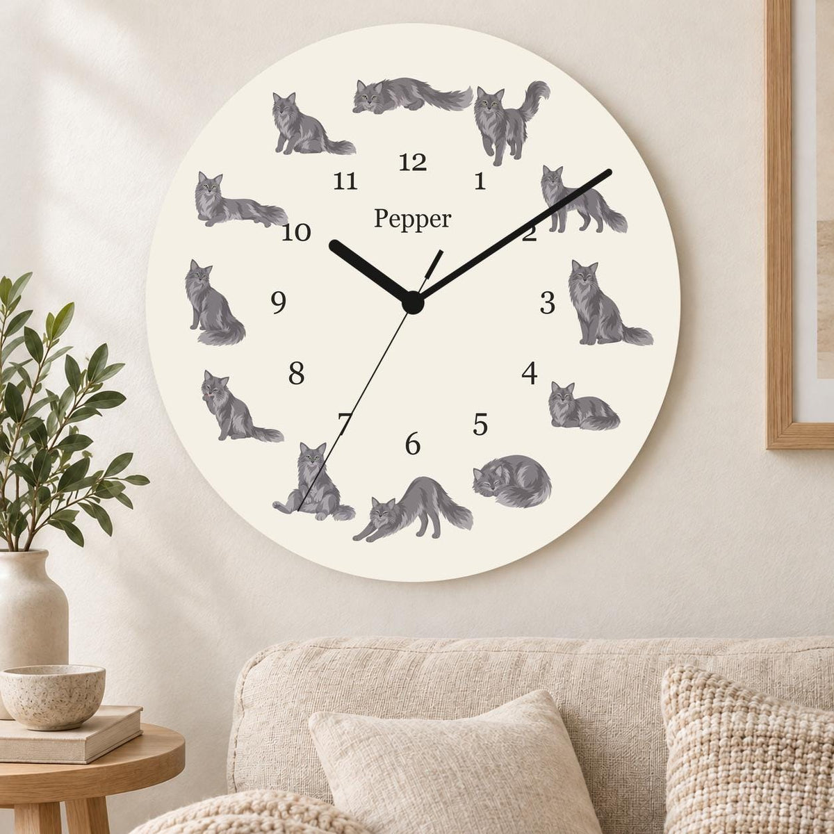 Personalized Nebelung Cat wooden wall clock with example name Pepper; living room