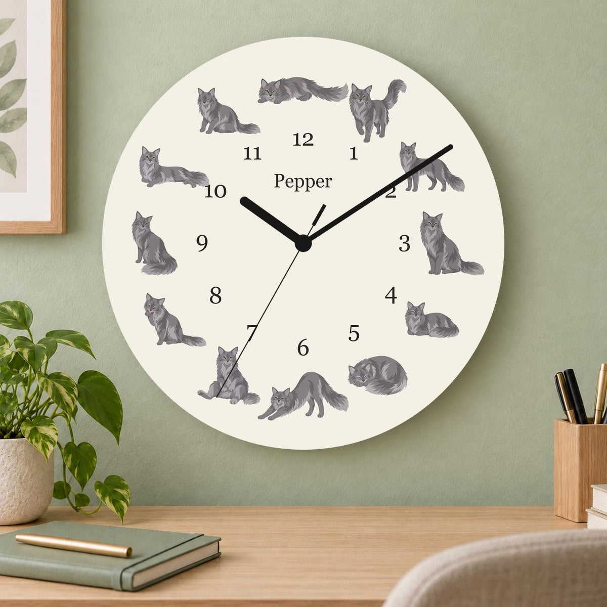 Personalized Nebelung Cat wooden wall clock with example name Pepper; home office