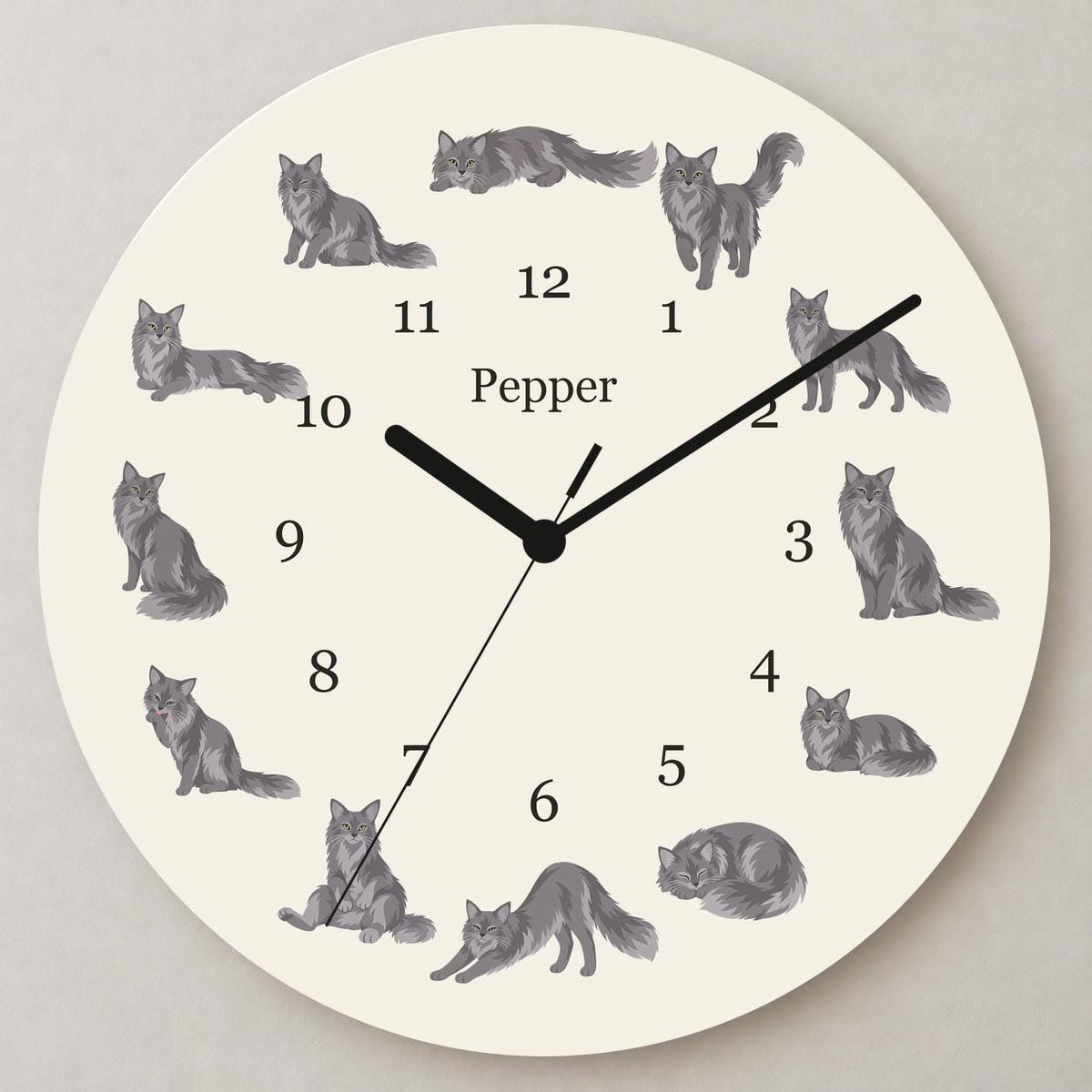 Personalized Nebelung Cat wooden wall clock with example name Pepper; close up