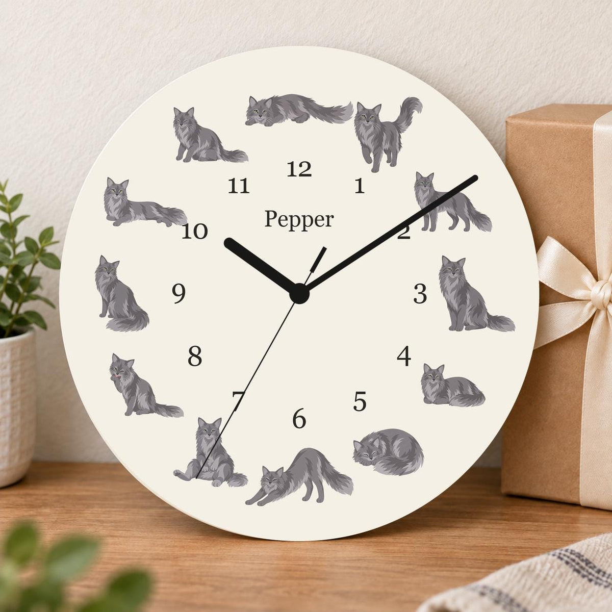Personalized Nebelung Cat wooden wall clock with example name Pepper; gift