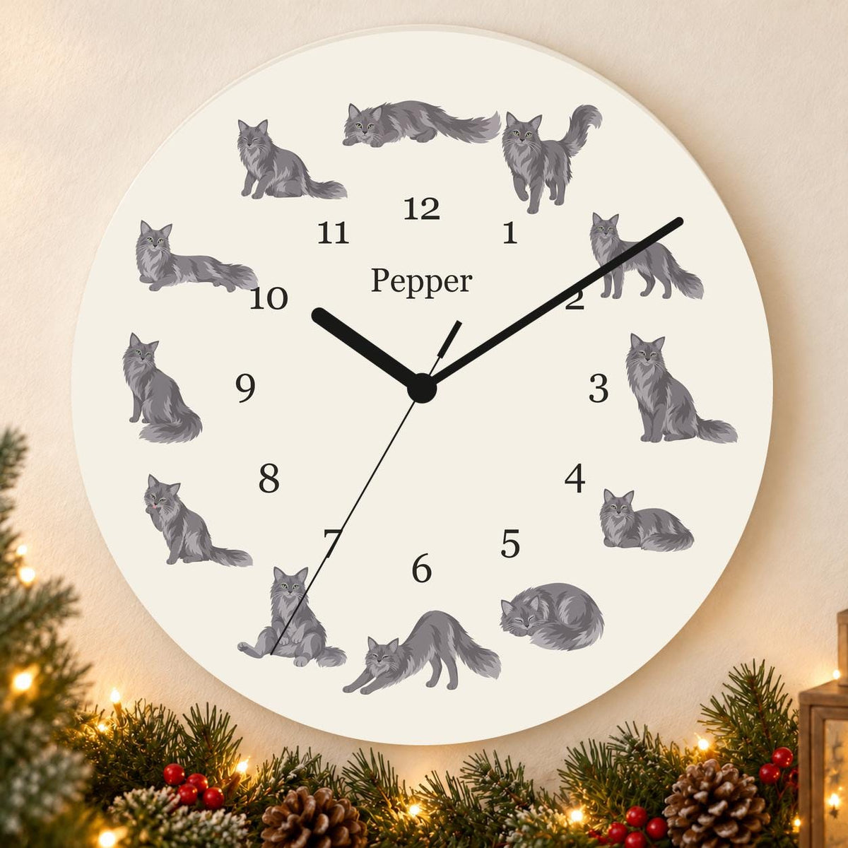 Personalized Nebelung Cat wooden wall clock with example name Pepper; holiday